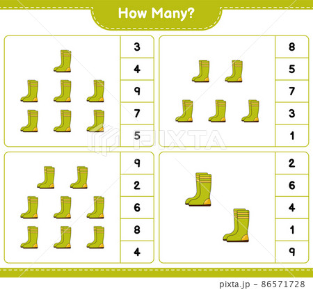 Counting game, how many Rubber Boots. Educational children game, printable worksheet, vector illustration Counting game, how many Rubber Boots. Educational children game, printable worksheet, vector illustration 86571728