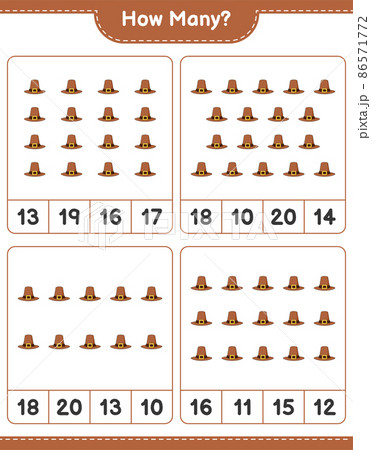 Counting game, how many Hat. Educational children game, printable worksheet, vector illustration 86571772