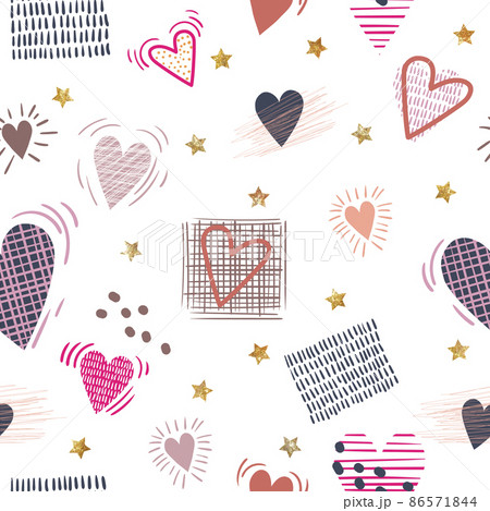 Seamless pattern with lilac hearts and golden glowing stars . Creative love texture. Vector Seamless pattern with lilac hearts and golden glowing stars . Creative love texture. Vector 86571844