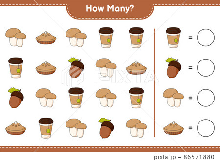 Counting game, how many Acorn, Tea Cup, Pie, and Mushroom Boletus. Educational children game, printable worksheet, vector illustration 86571880