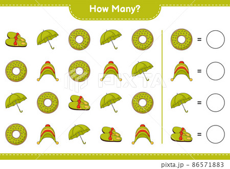Counting game, how many Donut, Slippers, Umbrella, Hat. Educational children game, printable worksheet, vector illustration Counting game, how many Donut, Slippers, Umbrella, Hat. Educational children game, printable worksheet, vector illustration 86571883