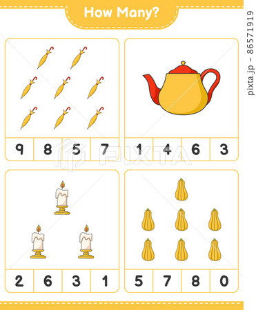Counting game, how many Teapot, Candle, Butternut Squash, and Umbrella. Educational children game, printable worksheet, vector illustration Counting game, how many Teapot, Candle, Butternut Squash, and Umbrella. Educational children game, printable worksheet, vector illustration 86571919