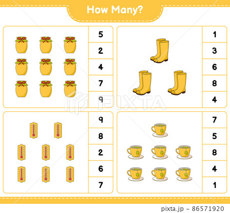 Counting game, how many Thermometer, Rubber Boots, Tea Cup, and Jam. Educational children game, printable worksheet, vector illustration 86571920