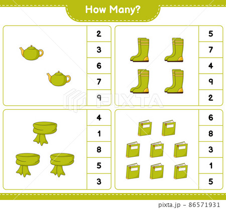 Counting game, how many Scarf, Book, Rubber Boots, and Teapot. Educational children game, printable worksheet, vector illustration 86571931