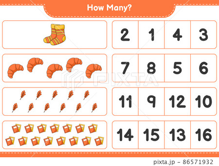 Counting game, how many Oak Leaf, Socks, Book, and Croissant. Educational children game, printable worksheet, vector illustration 86571932
