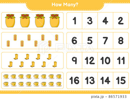 Counting game, how many Thermometer, Rubber Boots, Tea Cup, and Jam. Educational children game, printable worksheet, vector illustration Counting game, how many Thermometer, Rubber Boots, Tea Cup, and Jam. Educational children game, printable worksheet, vector illustration 86571933