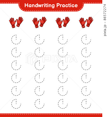 Handwriting practice. Tracing lines of Goalkeeper Gloves. Educational children game, printable worksheet, vector illustration Handwriting practice. Tracing lines of Goalkeeper Gloves. Educational children game, printable worksheet, vector illustration 86572274