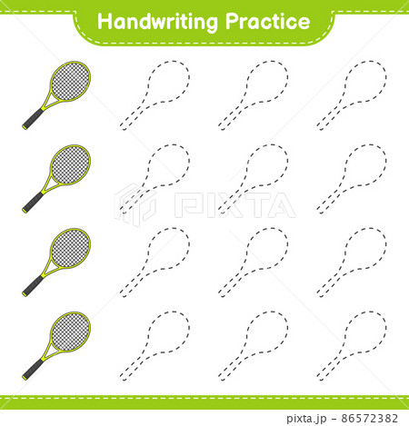 Handwriting practice. Tracing lines of Tennis Racket. Educational children game, printable worksheet, vector illustration Handwriting practice. Tracing lines of Tennis Racket. Educational children game, printable worksheet, vector illustration 86572382