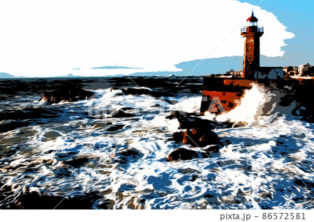 Illustration. The waves of the Atlantic Ocean crash against the rocks at sunset by the lighthouse 86572581