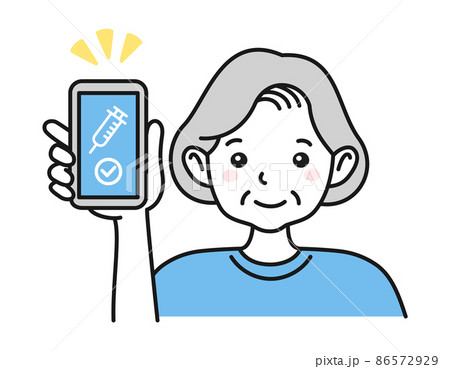 ワクチン接種証明(ワクチンパスポート)をスマホで提示する年配女性のイラスト素材 ワクチン接種証明(ワクチンパスポート)をスマホで提示する年配女性のイラスト素材 86572929