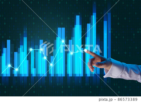 holographic graph with growing indicators and a woman's hand. Business growth concept, profitable startup, profitable business strategy 86573389