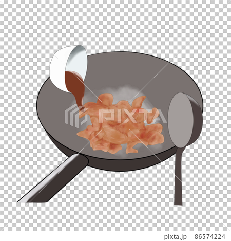 Image illustration of stir-fried meat in a wok and adding seasonings (hand-painted) Image illustration of stir-fried meat in a wok and adding seasonings (hand-painted) 86574224