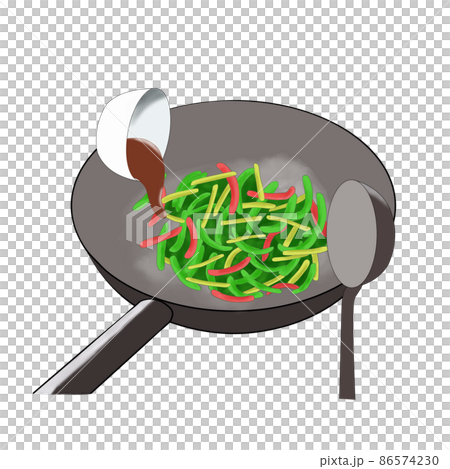 Image illustration of stir-fried vegetables in a wok and adding seasonings (hand-painted) 86574230