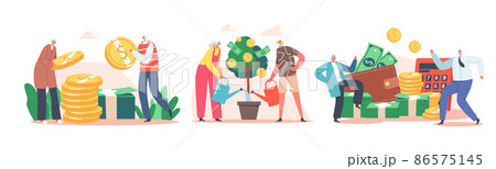 Elderly Characters Money Savings, Aged People Grow Money Tree, Collect Coins and Banknotes. Pension, Banking Account 86575145