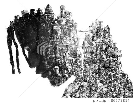 Paintography. A profile portrait of a man combined with an ink drawing city. Paintography. A profile portrait of a man combined with an ink drawing city. 86575814