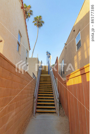 Outdoor stairs with lamp posts in Oceanside, California 86577386
