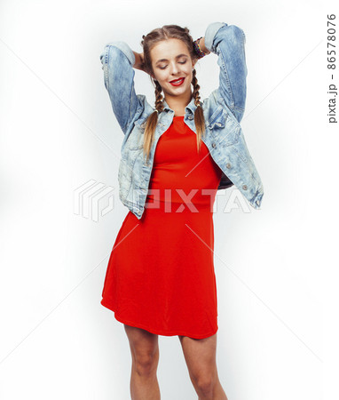 young pretty blond teenage girl close up portrait, lifestyle people concept, teens fashion 86578076