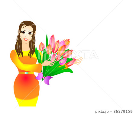 Charming Lady illustration with a buoqet of beautiful tulips. International Women's Day 86579159
