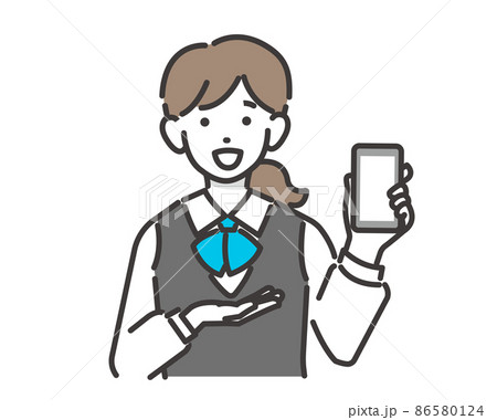 スマホをもって説明をする家電量販店や電気屋、ショップ店員のベクターイラスト素材／接客／ベスト／社員／ 86580124