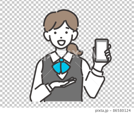 スマホをもって説明をする家電量販店や電気屋、ショップ店員のベクターイラスト素材／接客／ベスト／社員／ 86580124