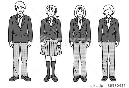 スラックスやスカート等、様々なタイプの学生服を着て正面を向いて立つ学生のモノクロイラストセット 86580435