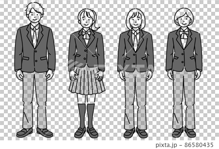 Monochrome illustration set of students who stand facing the front wearing various types of school uniforms such as slacks and skirts Monochrome illustration set of students who stand facing the front wearing various types of school uniforms such as slacks and skirts 86580435