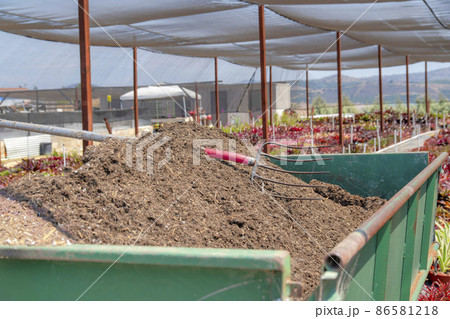 Garden soil with rake on top in a green metal tray Garden soil with rake on top in a green metal tray 86581218