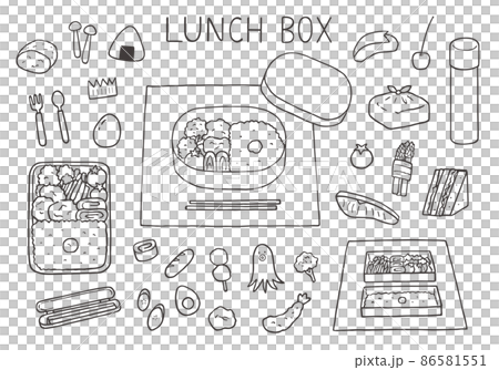 お弁当にまつわる手描きイラストセット（モノクロ） 86581551