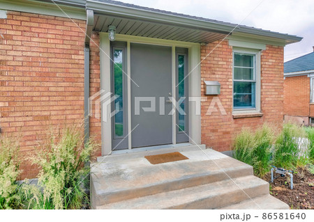 Side view of an entrance of a house with bricks and tall grasses at the front Side view of an entrance of a house with bricks and tall grasses at the front 86581640