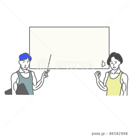 タンクトップを着た筋肉質な男性と女性がホワイトボードの前で説明する白バックの線画のイラスト素材