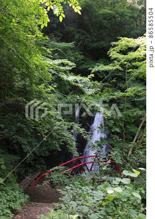 天滝 兵庫県養父市大屋町の日本の滝100選に選ばれた名瀑 そこから流れる渓流天滝川の鼓ヶ滝と赤い橋 天滝 兵庫県養父市大屋町の日本の滝100選に選ばれた名瀑 そこから流れる渓流天滝川の鼓ヶ滝と赤い橋 86585504