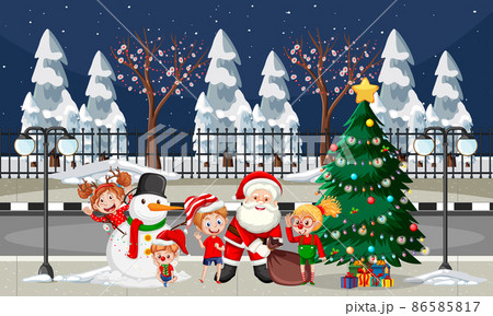 Christmas winter scene with Santa Claus and children Christmas winter scene with Santa Claus and children 86585817