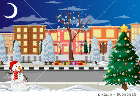 Winter snowy night town decorated with Christmas elements 86585819