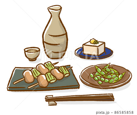 日本酒とおつまみの手描き風イラストセット/白背景  86585858