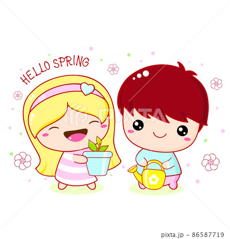 Cute little girl and boy planting plant. Brother and sister planting tree on Arbor day Cute little girl and boy planting plant. Brother and sister planting tree on Arbor day 86587719