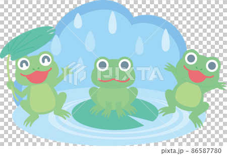 カエル3匹_水溜りと雨粒_背景色あり カエル3匹_水溜りと雨粒_背景色あり 86587780