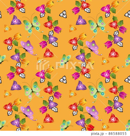 紅型シームレスパターン・ブーゲンビレアに蝶(山吹地) 紅型シームレスパターン・ブーゲンビレアに蝶(山吹地) 86588055