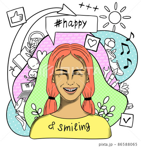 Happy and Smiling creative conceptual modern hand drawn doodle portrait 86588065