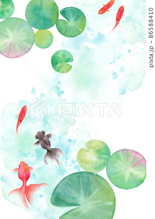 金魚と睡蓮の葉で構成した夏のイメージ背景、水彩イラスト。暑中見舞い。 86588410