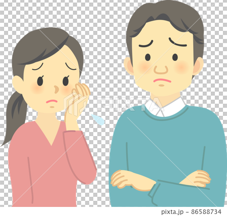 イラスト素材:若夫婦が向かい合って困った表情で思い悩む場面　 腕組みした姿（黒髪の男女） 86588734