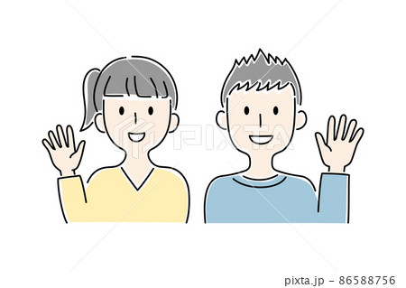 笑顔で手を振る少年 少女のベクターイラストのイラスト素材