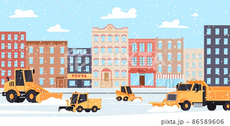 Winter city landscape with snow plow trucks cleaning roads from snow and ice, flat vector illustration. 86589606