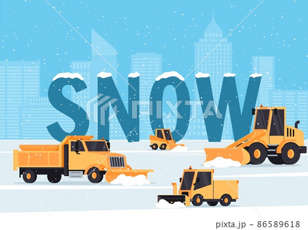 Snow removal trucks advertising banner, winter service vehicles cleaning city streets, flat vector illustration. Snow removal trucks advertising banner, winter service vehicles cleaning city streets, flat vector illustration. 86589618