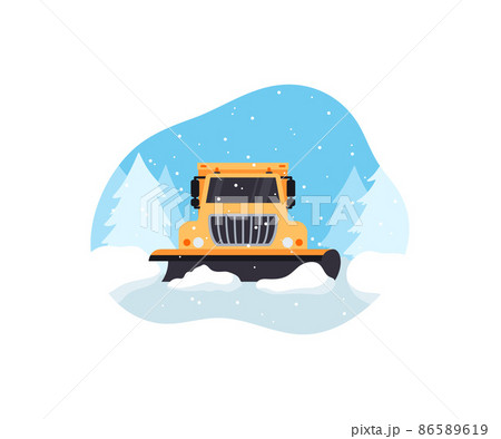 Snow plow truck cleans snow covered highway, flat vector illustration isolated on white background. 86589619