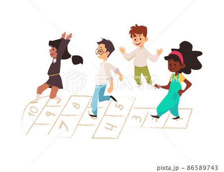 Hopscotch child activity game, isolated. Hispanic, black and white kids are jumping around playing hop scotch. 86589743