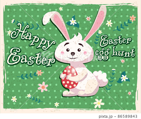 Retro Happy Easter poster. Greeting card with rabbit, bunny, egg. Vector illustration vintage 86589843