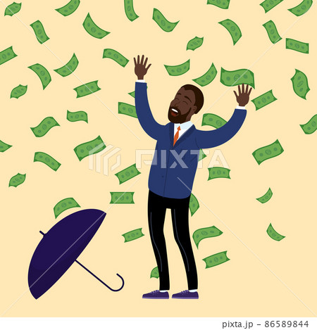 Happy african businessman and umbrella, falling money rain. Success finance business, falling cash. Vector illustration 86589844