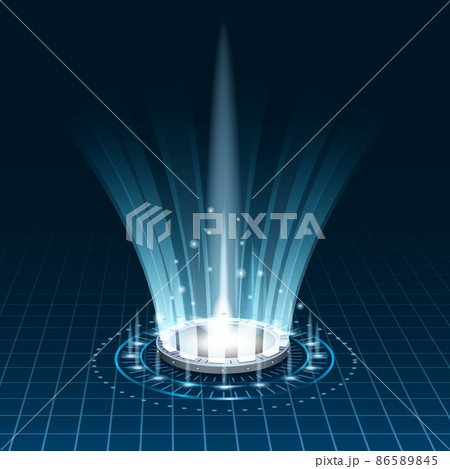 Futuristic portal sky-fi digital, circle science teleport tunnel with light rays and glows, podium, projector. Vector illustration, black blue background 86589845