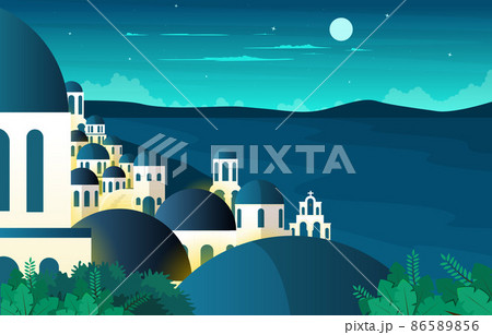 Night Santorini Sea Landscape Greek Summer Vacation Travel Tourism View Night Santorini Sea Landscape Greek Summer Vacation Travel Tourism View 86589856