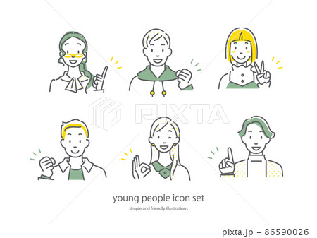 若い女性と男性のポジティブなイラストセット　シンプルでお洒落な線画イラスト 86590026